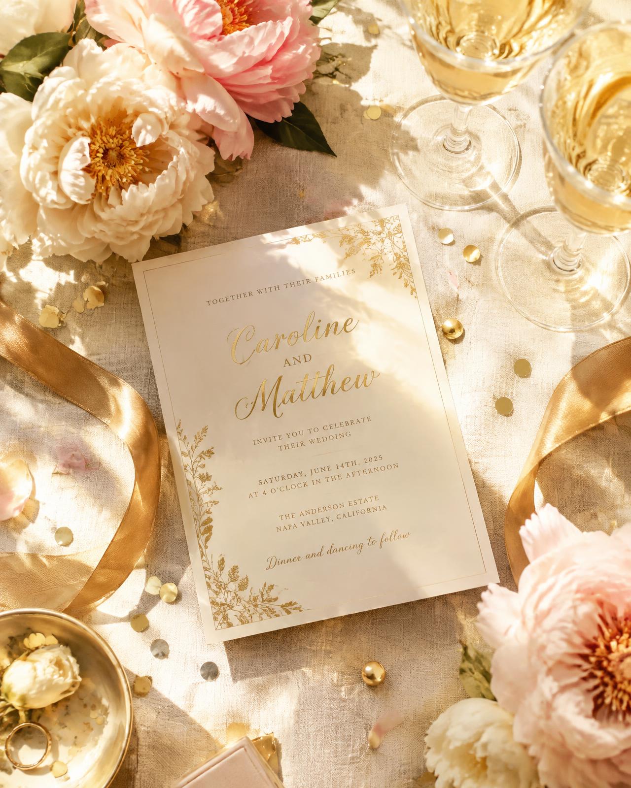 Invitación de boda con flores y champaña